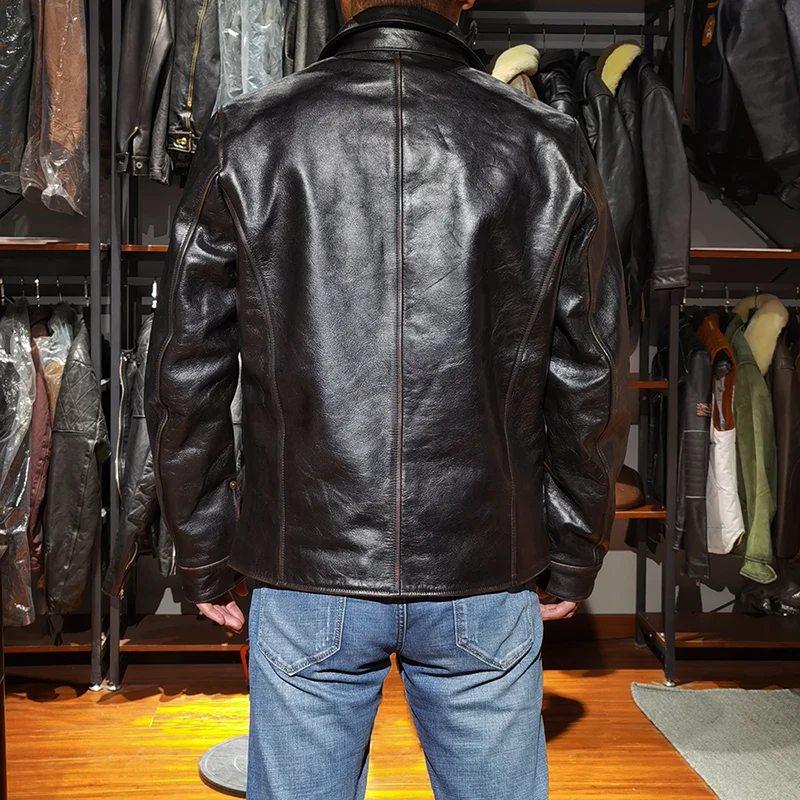 High Quality Lapel Casual Tea Core Cowhide Jacket Genuine Leather Clothings For Men