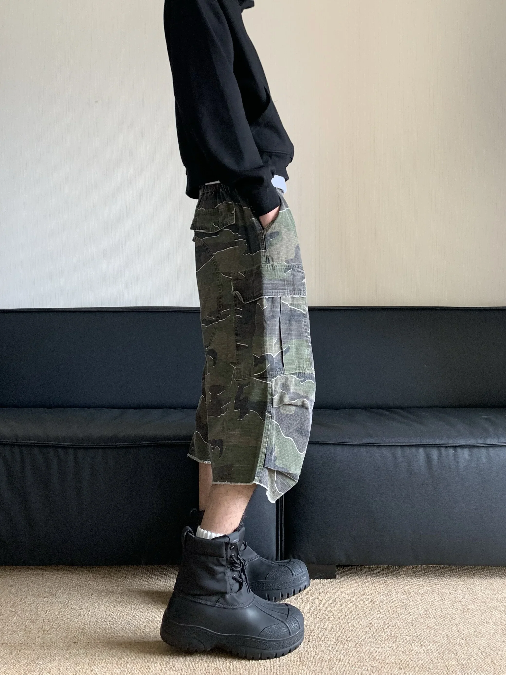 Retro Washed Distressed Camouflage Baggy Shorts Men\'s Street Hip Hop Camo Calf-Length Pants