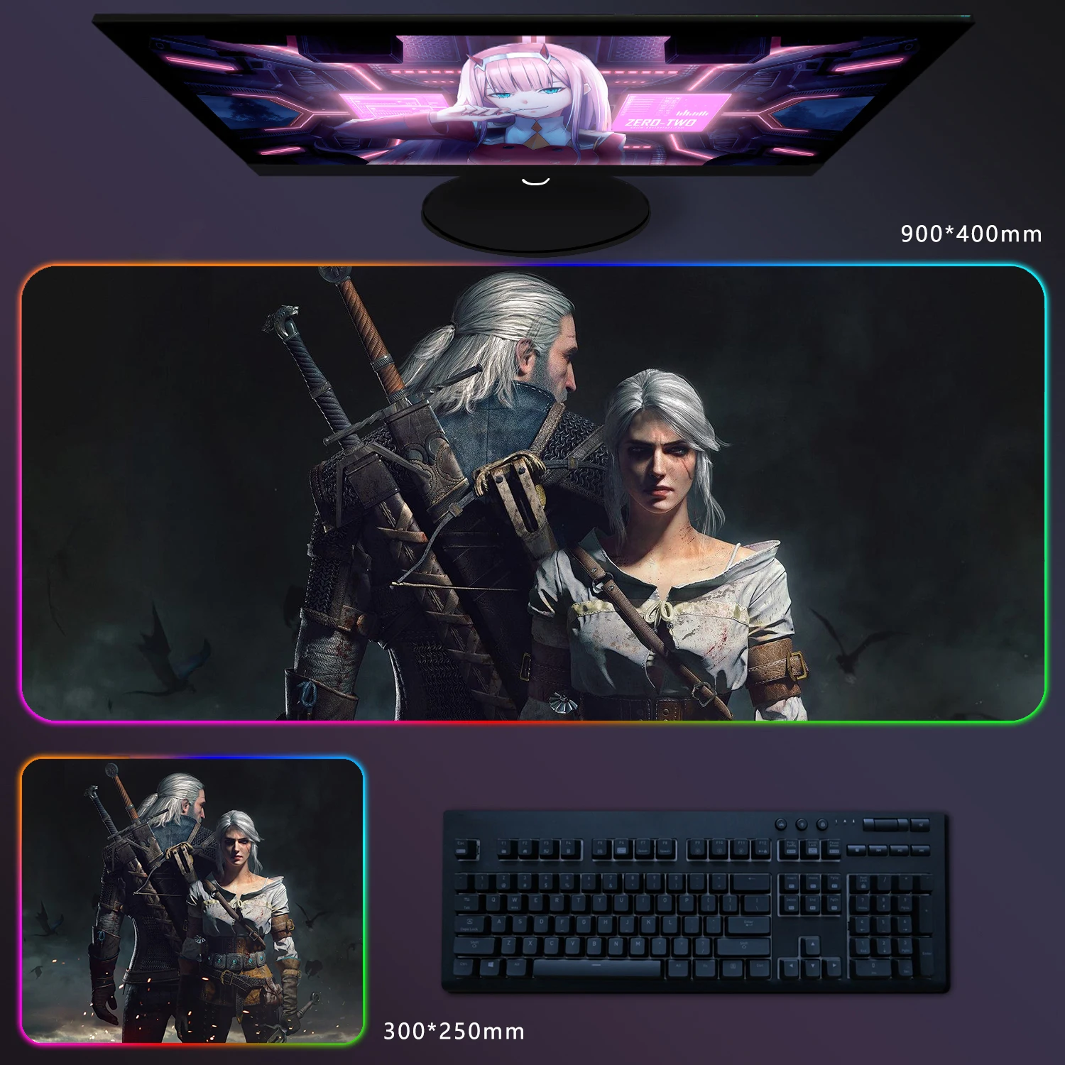 RGB Mouse Pad 900x400 The Witchers Anime Gaming Mousepad Gamer Large LED Rubber Table Mat Laptop Pad Desktop Game Mats Carpet