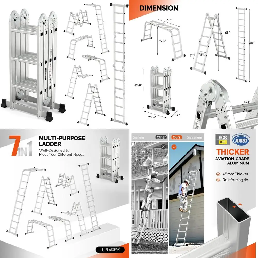 アルミ製7-in-1多機能伸縮はしご、ヘビーデューティー12.5フィート、EN131規格準拠のコンビネーションステップラダー