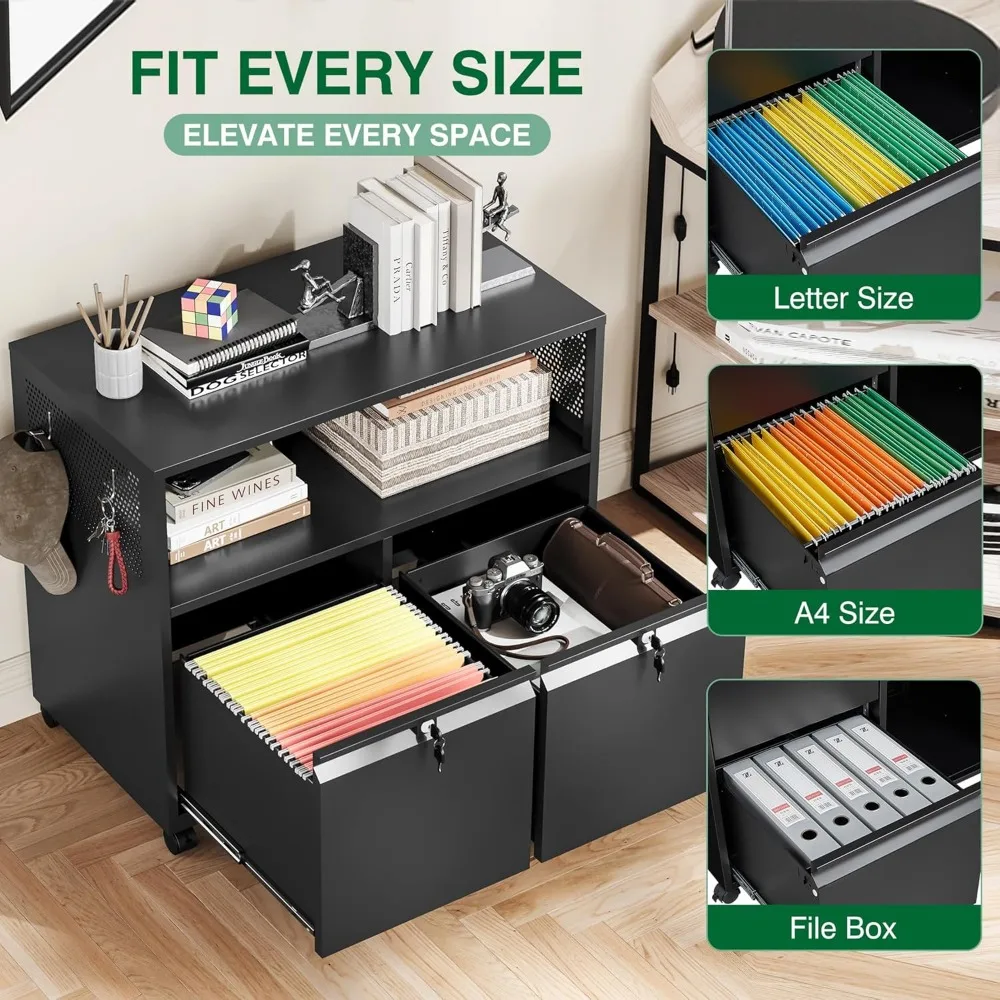 خزانة ملفات معدنية ذات درجين مع قفل، وخزانة تخزين بحامل الطابعة الدوارة مع أرفف للمكتب المنزلي، وحجم الحروف