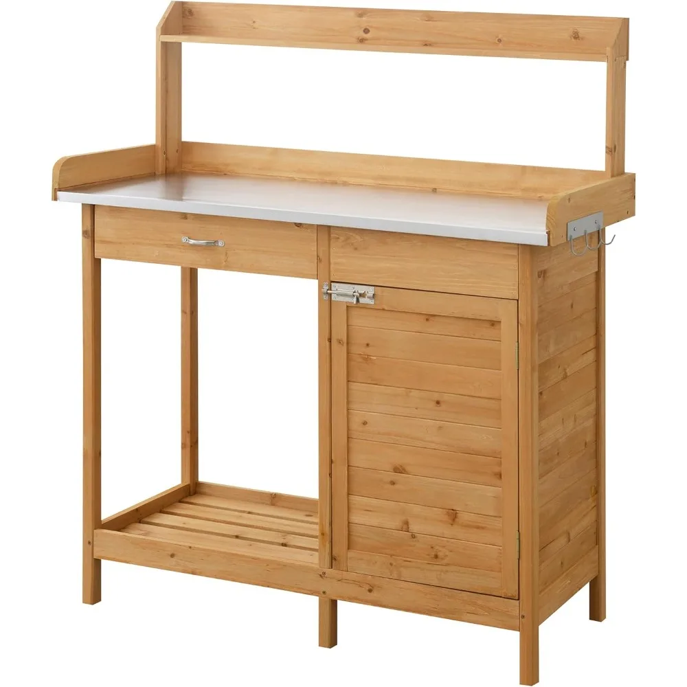 

Deluxe 1 Drawer Potting Bench with Storage Cabinet and Shelves, Light Oak