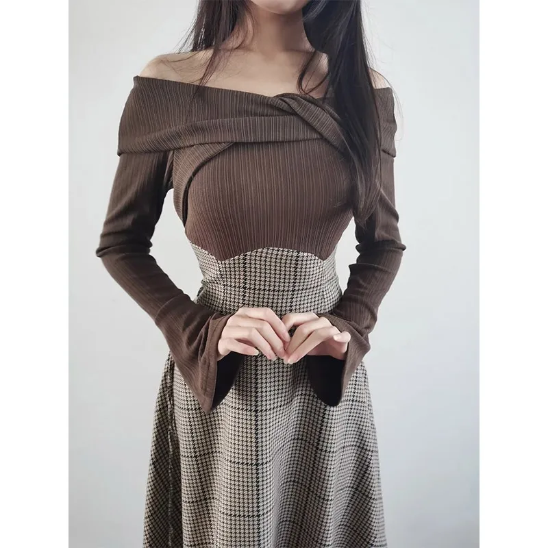 2024 invierno nuevo de un solo hombro moda Mujer Vestidos diseño suéter costura vestido femenino de manga larga elegante Vestidos delgados