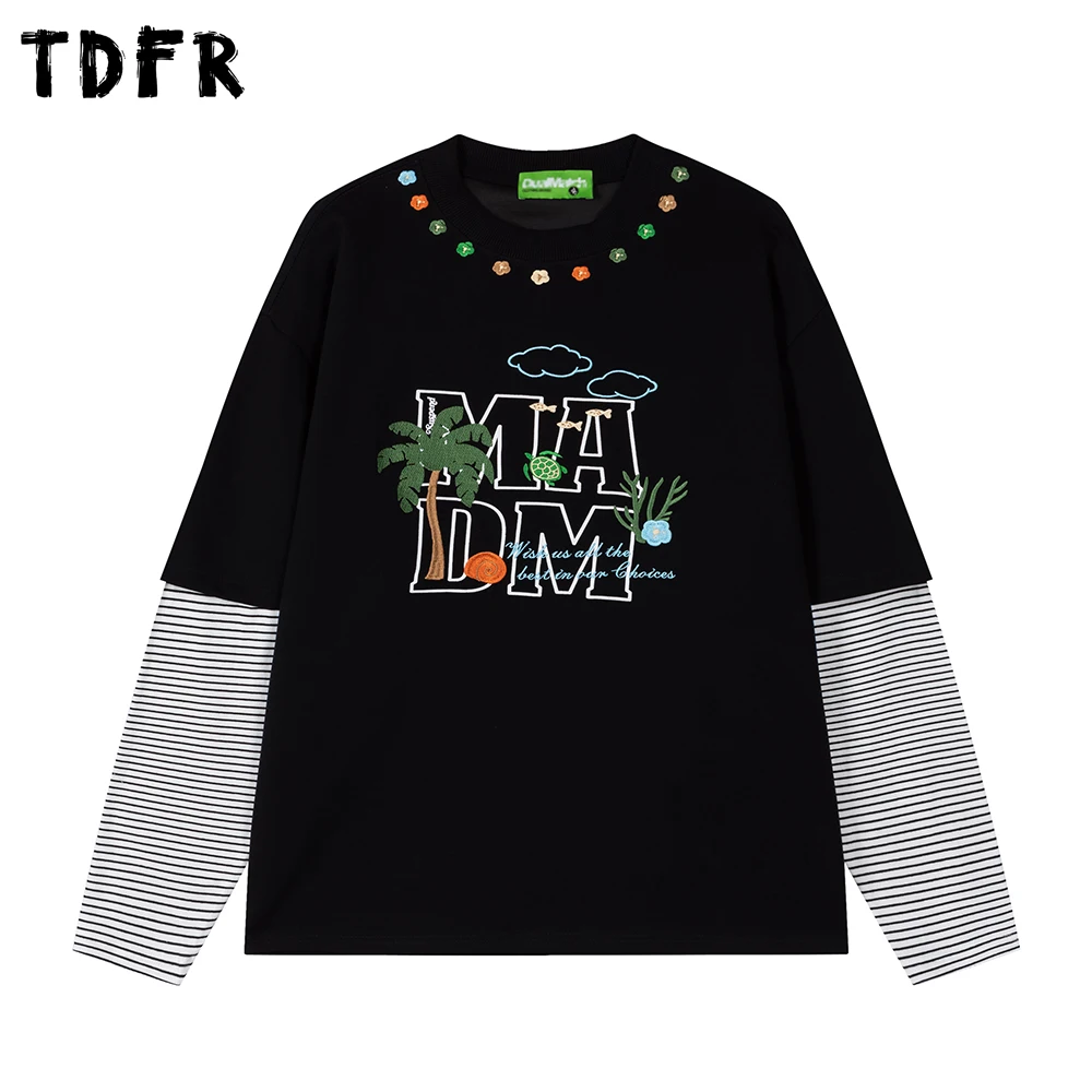 

Striped Spliced Fake two-piece T-shirt Mens Letter Embroidery Autumn Retro Casual Loose Crew Neck Long Sleeve Tshirt Man