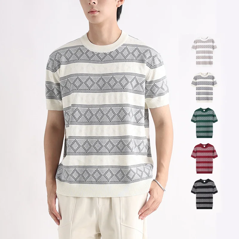 

Men Ice Silk Stripe Short Sleeve Loose Casual Korean Streetwear Fashion Knitted T-shirt Man Summer Sweater T Shirts Tops
