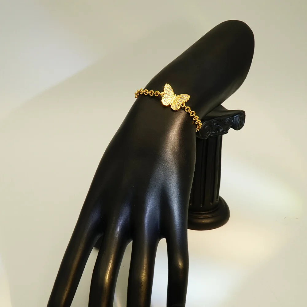 Women diamond-set bow gold bracelet of AU999 24K pure gold, smooth polished clasp, adjustable extension chain for all wrist size