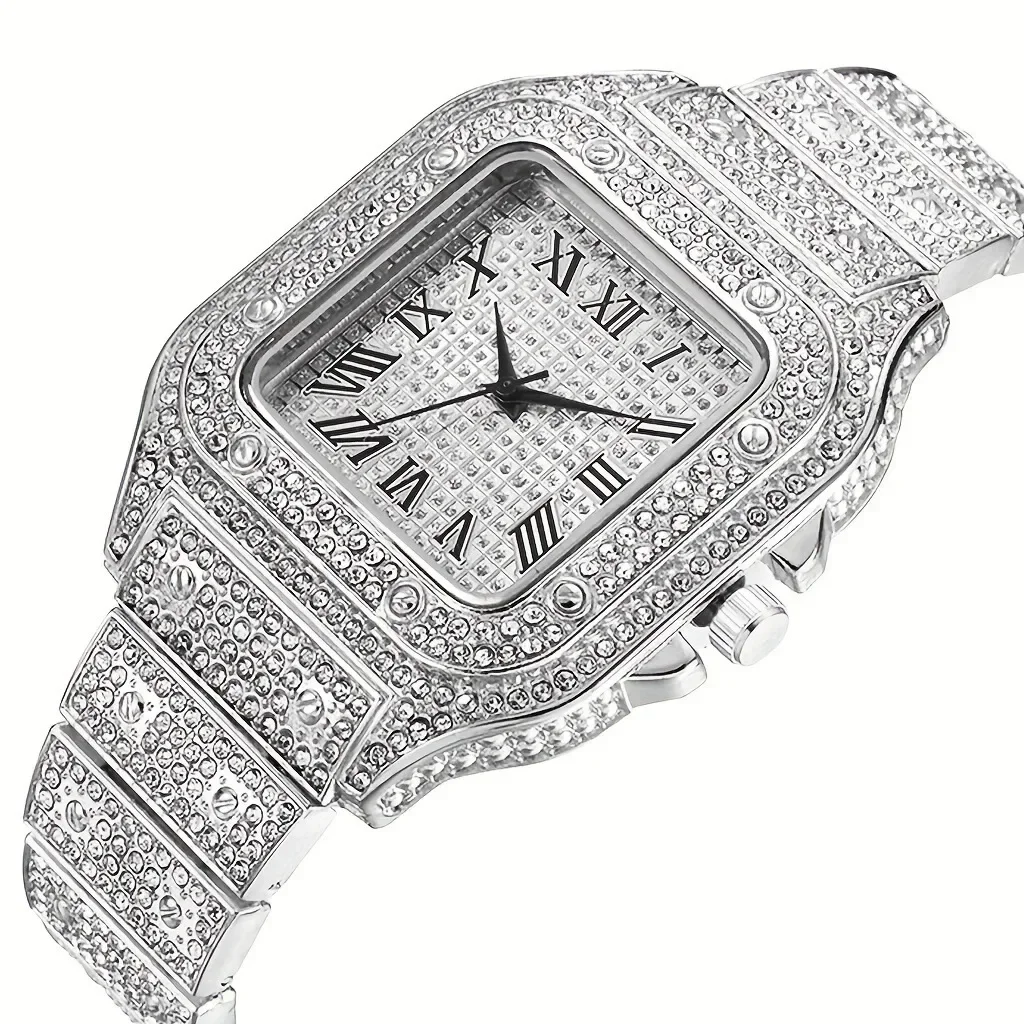 Men's Steel Strap Roman Scale Rhinestone Calendar Quartz Watch Fashion Male Wristwatch Relogio Masculino