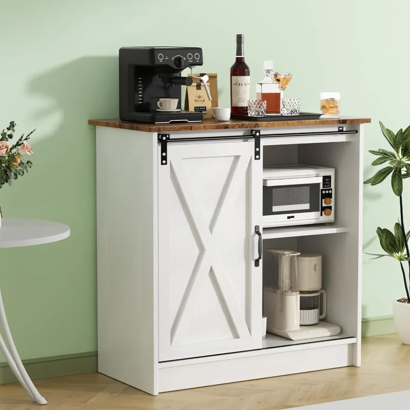 

White Coffee Bar Cabinet with Storage, Farmhouse Coffee Bar Cabinet, Coffee Bar Table with Sliding Barn Door