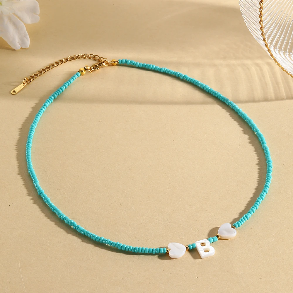 26 Letter Stainless Steel Tail Chain, Blue Millet Bead Necklace, Shell Heart Letter, Women\'s Jewelry