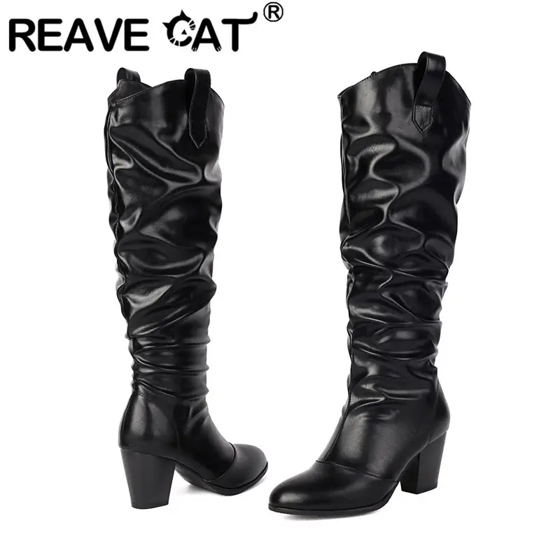 

REAVE CAT 2025 Новые повседневные женские сапоги до колена с широким носком и круглым носком на массивном каблуке 6,5 см без шнуровки, большие размеры 45-48