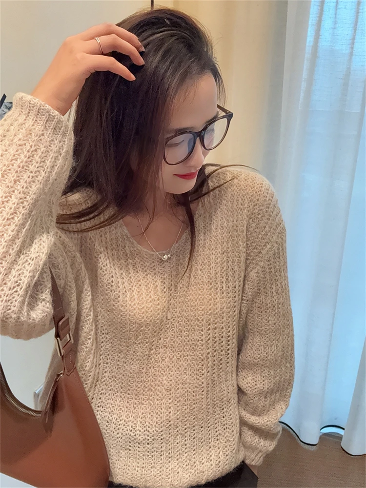 

SDNINEHOME Осенний модный вязаный свитер с V-образным вырезом, свободный крой, длинный рукав, удобный, для женщин