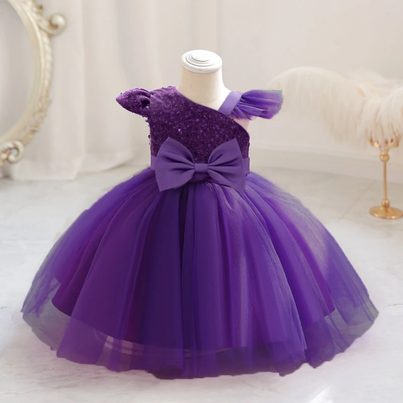 Fly Sleeves 1st Birthday Baby Party Dresses for Girl Christmas Costumes Sequin Bow Wedding Princess Girls Dress Bridemaids Gown