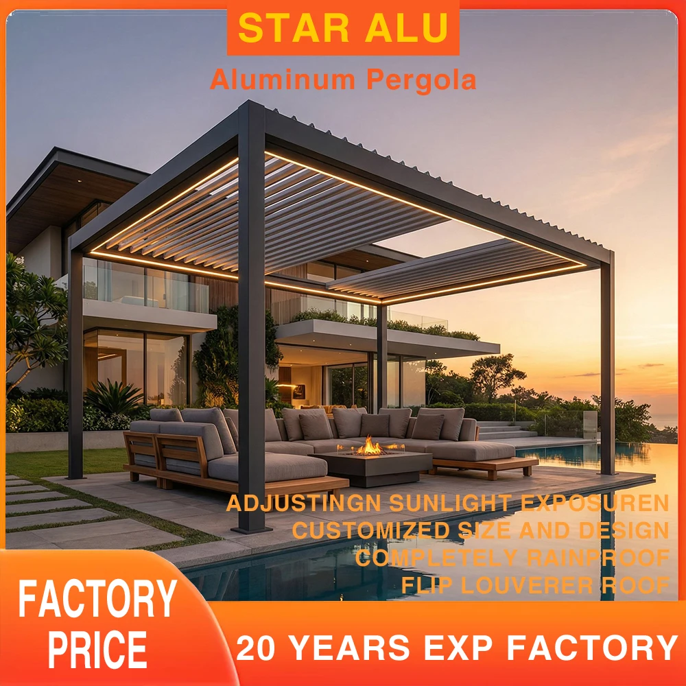 Aluminum Retractable Modern Pergola Electric Louvre Roof Outdoor Poolside Gazebo Canopy Shade Shelter with LED Light Strip