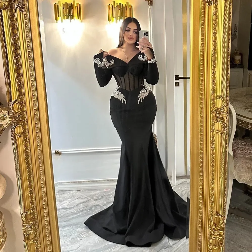

Customized Black Mermaid Sexy V-neck Ball Ceremony Sexy Tight Crystal Satin Long Sleeve Formal Occasion Party Evening Dress 2025