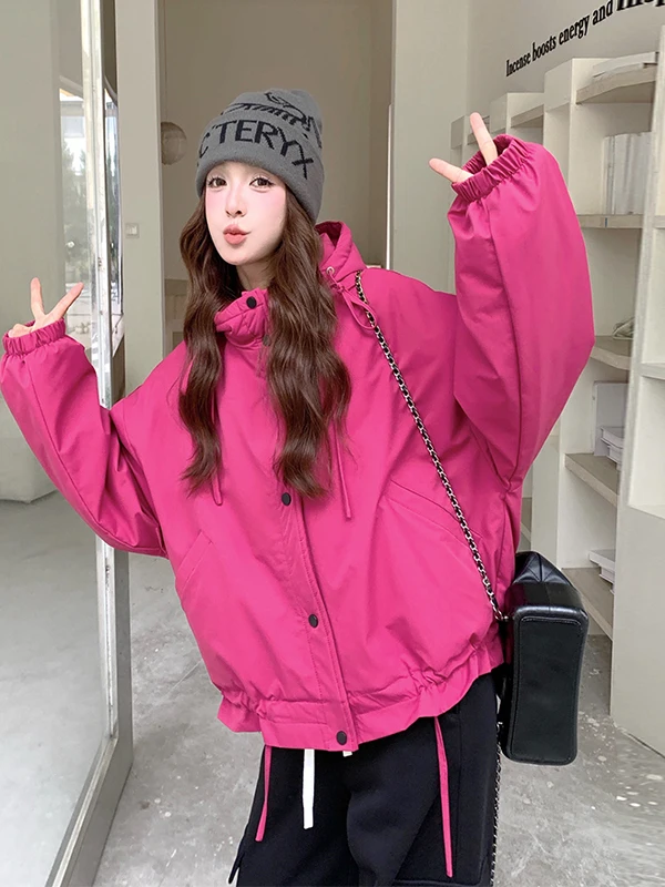 

Rose Red ort Hooded down Jaet Women's Winter Faion Warm Thi White Goose down Outerwear Casual Loose Fit Long Sve