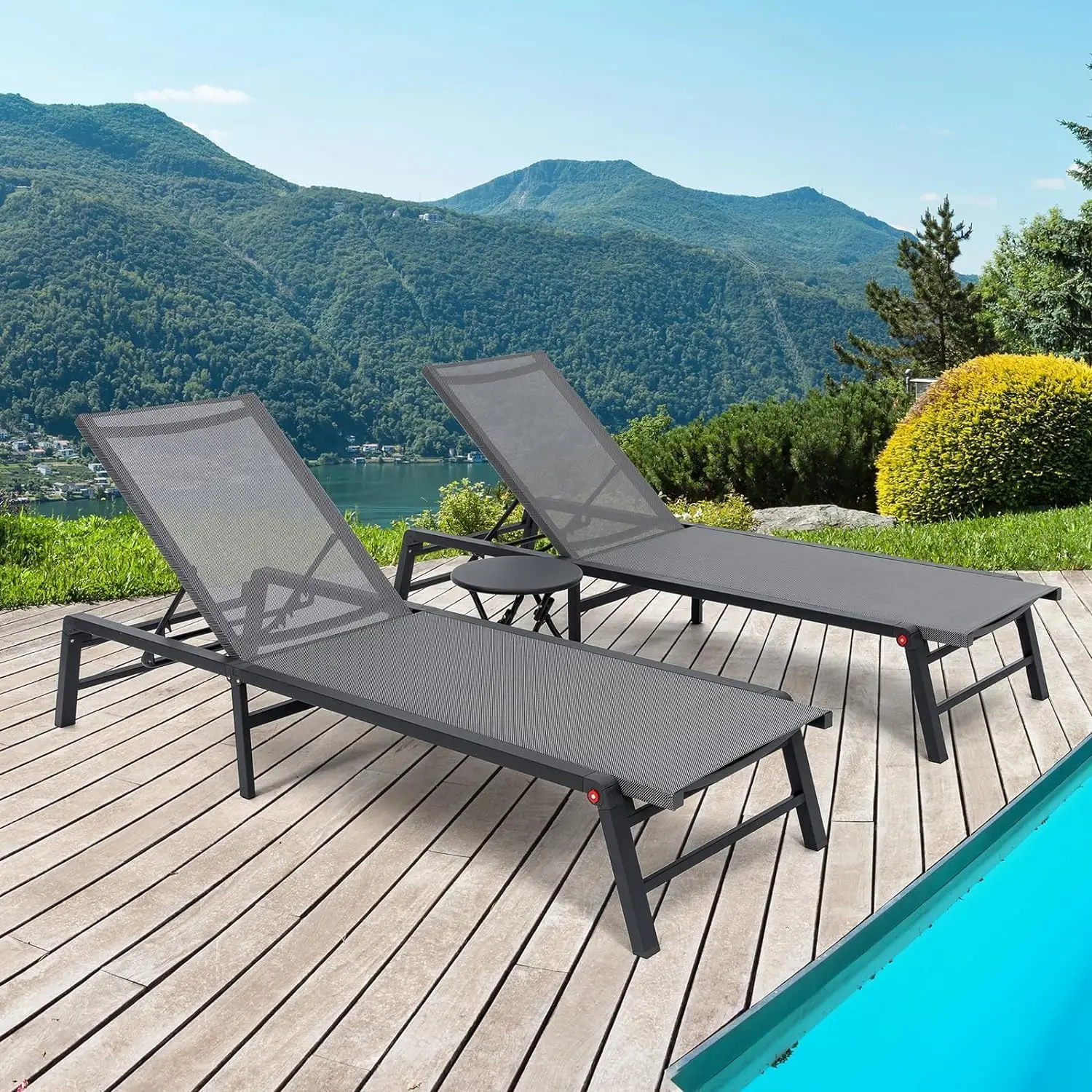 

Chaise Lounge Chair Outdoor Aluminum Patio Lounge Chair 2 Sets with Table 5 Adjustable Positions Folding Pool Lounge Chairs Asse