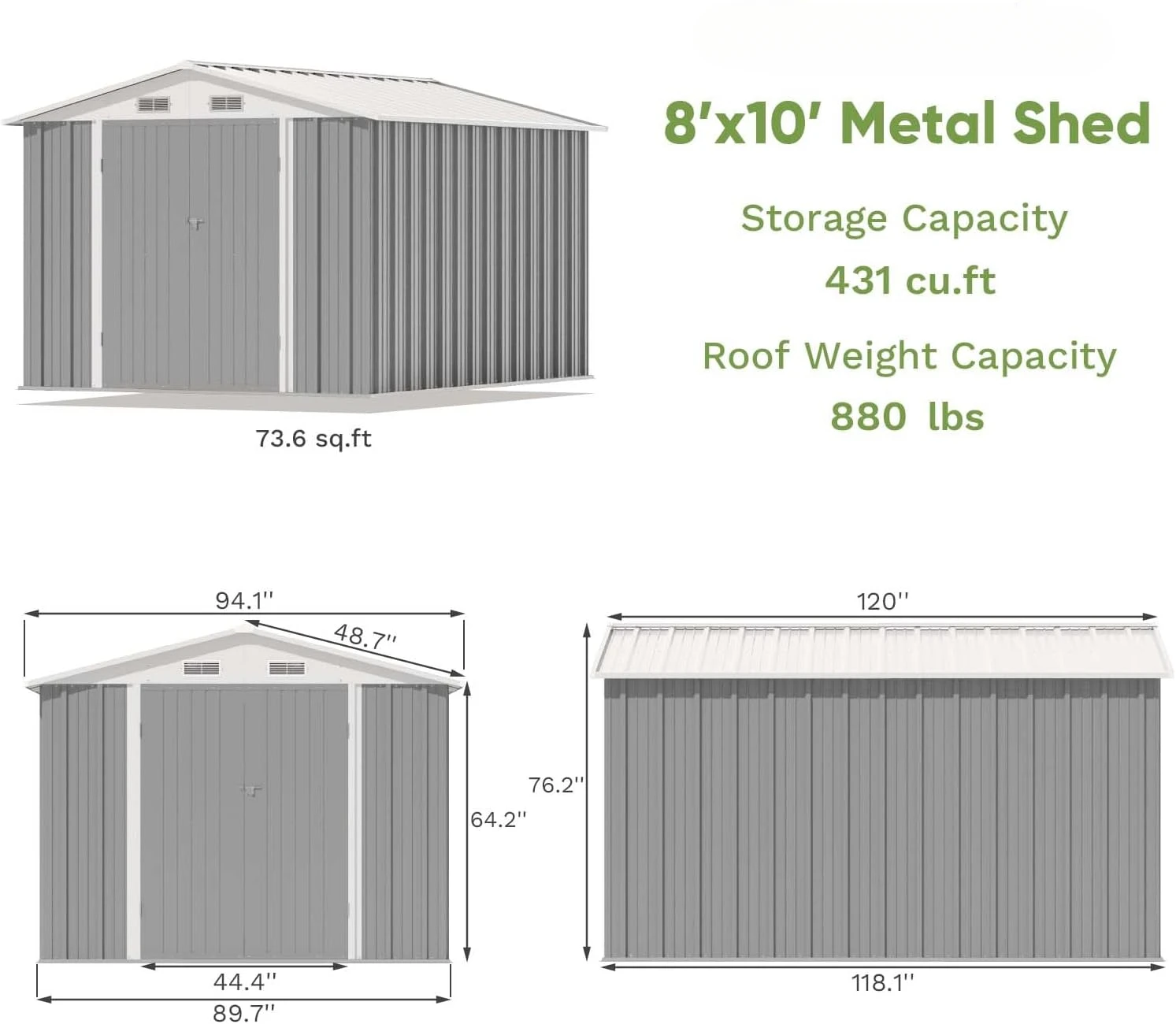 8x10 outdoor storage shed, large garden tool metal shed with sloping roof and double lock doors, backyard garden lawn, gray