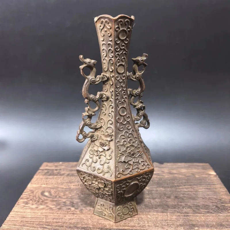 Gilt Brass Flower Vase with Double Handles, Featuring Floral Motifs Birds Adoring the Phoenix, for Home and Office Desktop D