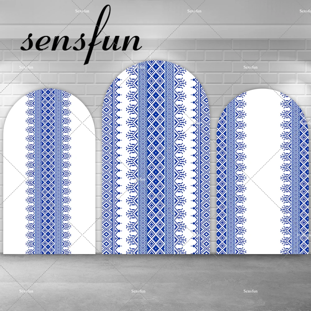 White Blue Lace Pattern Bohemian Arch Backdrop Cover for Kids Teens Adults Boho Custom Photography Background Photo Studio Kits