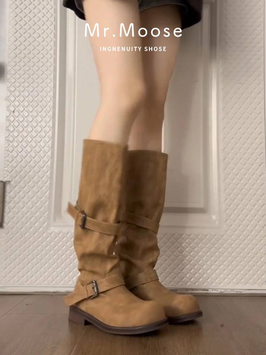 

Genuine Leather Western Cowboy Boots Women's Retro Long round Toe Pleated High Tube Boots Faionable Autumn Season Rubber Sole