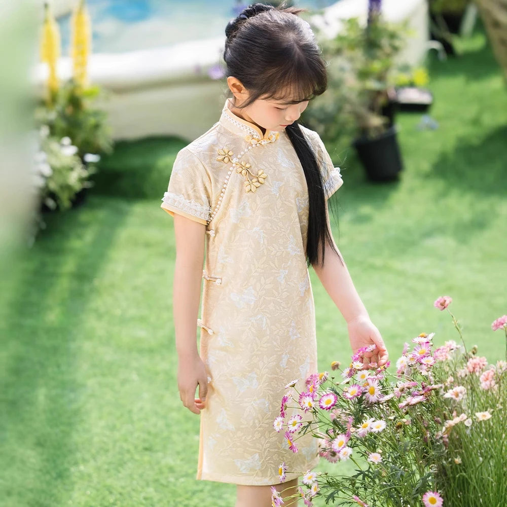

Retro Traditional Chinese Style Girls Cheongsam Baby Qipao Summer New Skirt Short Sleeve Children Dance Clothes Kids Daily Dress