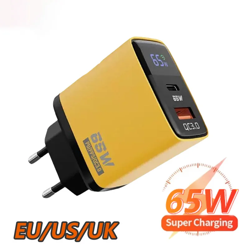 New65WFastChargerPDQC3.0USBTypeC2PortWallCellPhoneChargerwhitDigitalDisplayAdapterForiPhoneSamsungHuawei