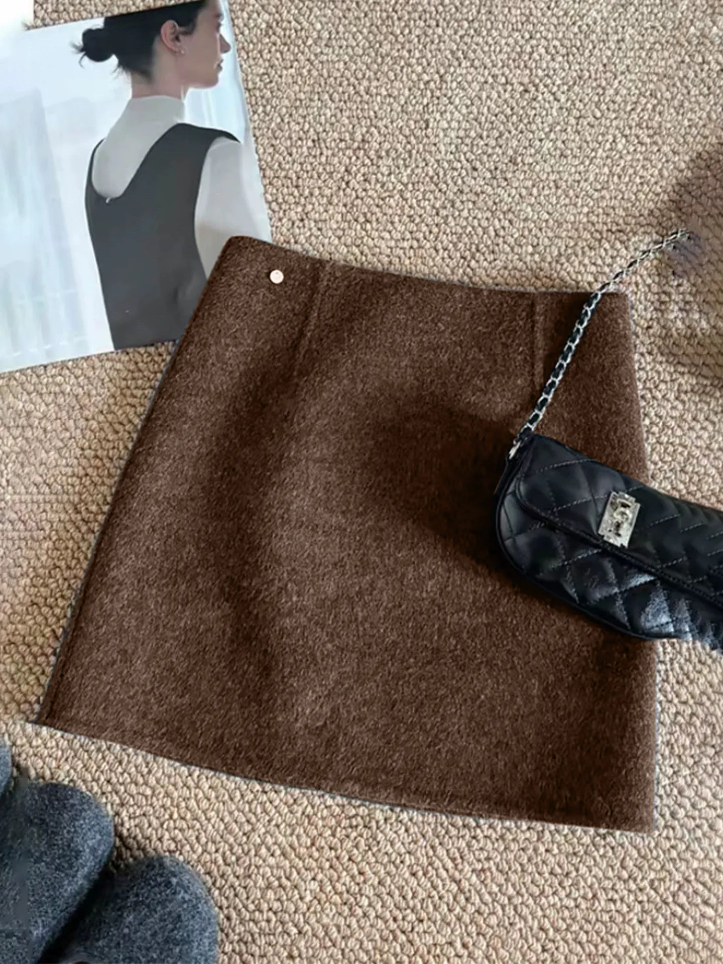 

Юбка А-силуэта с высокой талией для ранней весны, женская, в корейском стиле, шерстяная, кофейного цвета, с запахом, удобная для повседневной носки