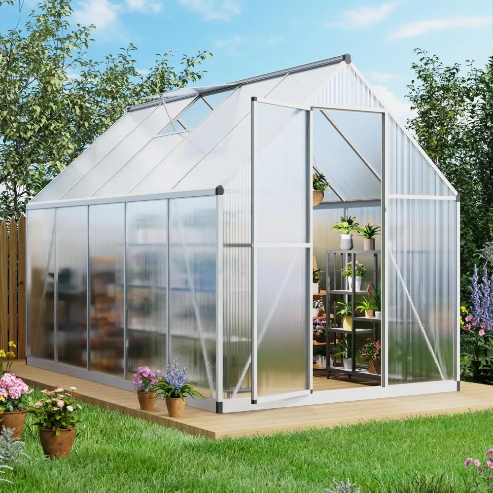 

6’ X 9’ Greenhouse for Outdoors Aluminum Walk-in Greenhouse with Roof Vent Window & Rain Gutter & Lockable Door Greenhouses