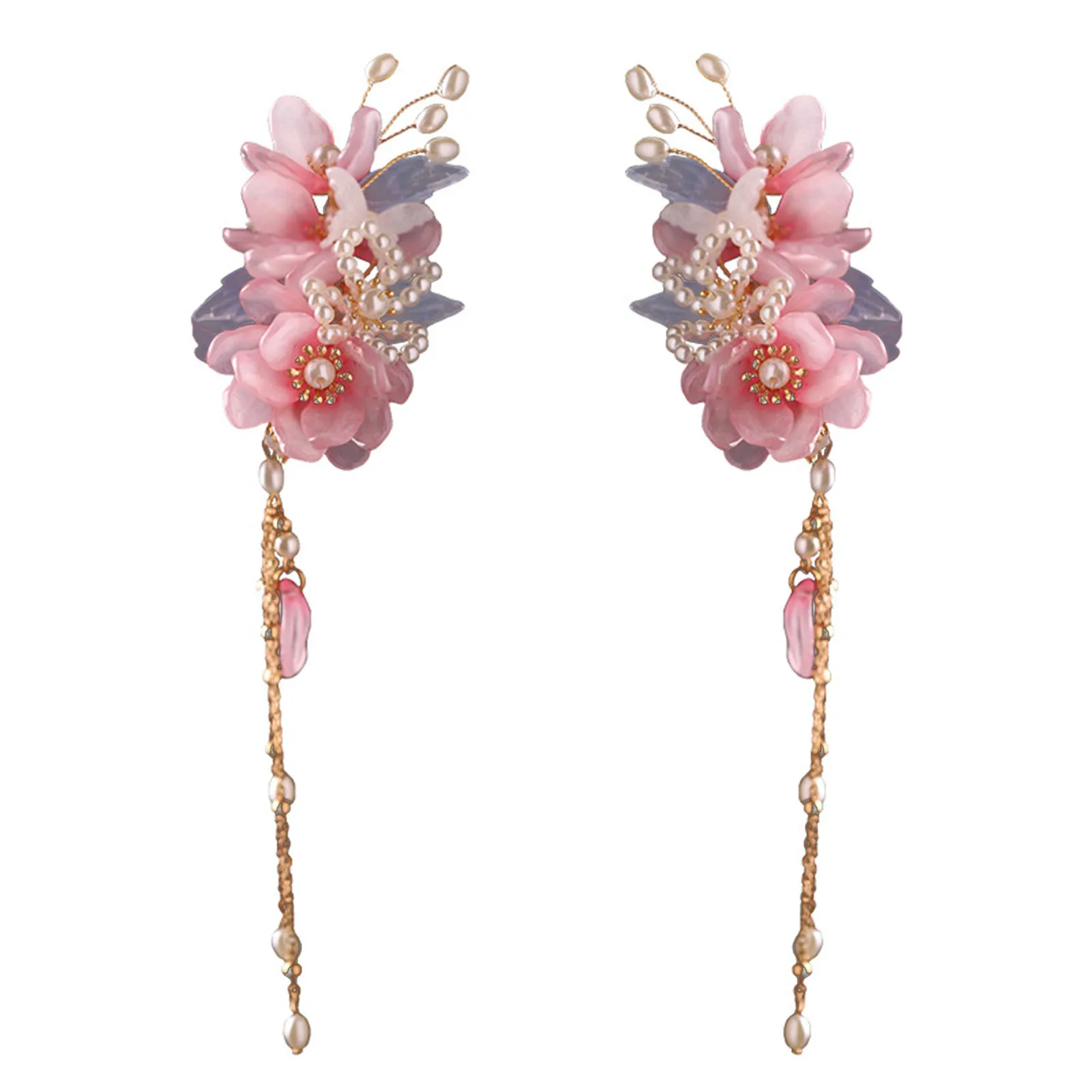 New Hot Sweet Style Hair Clips with Pink Flower Decor Glazed Flower Setting Forehead Hairpins for Wedding Banquet Party