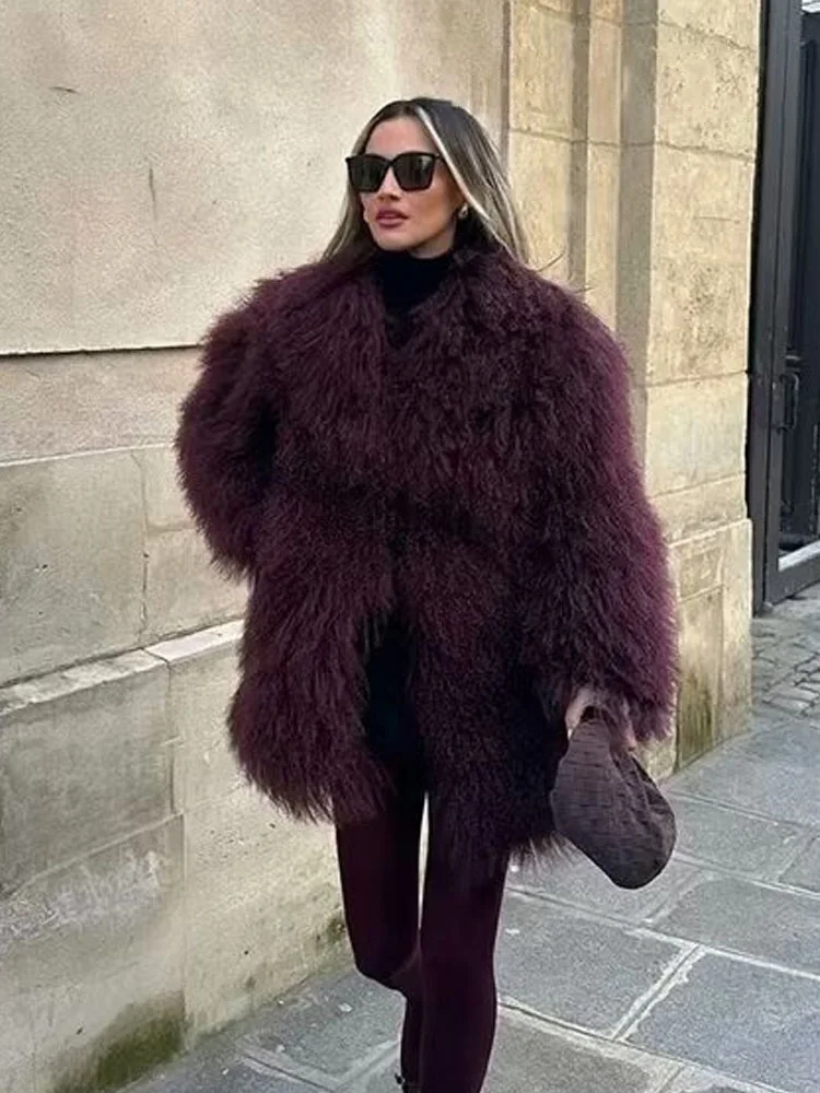 HH Giacche da donna in pelliccia sintetica maniche lunghe larghe colletto rovesciato caldo cappotto lungo invernale femminile vino rosso capispalla casual vintage