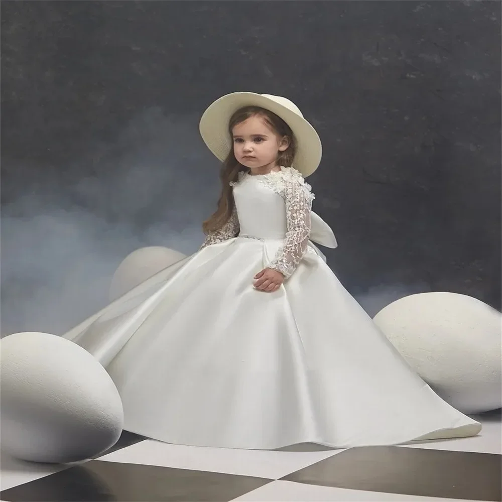 

Customized Flower Girl Dress Satin Cute Long-Sleeved Lace Appliqué Bow First Communion Birthday Ball Party Custom Formal Attire