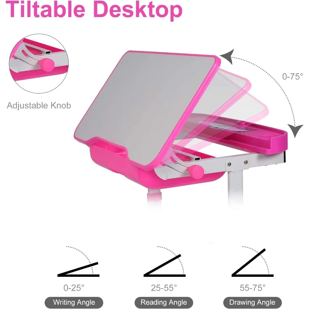 Altura ajustável Desk and Chair Set para crianças, mesas de escrita com Tilt Desktop, luz LED, gaveta de armazenamento, Escola de Estudo Infantil