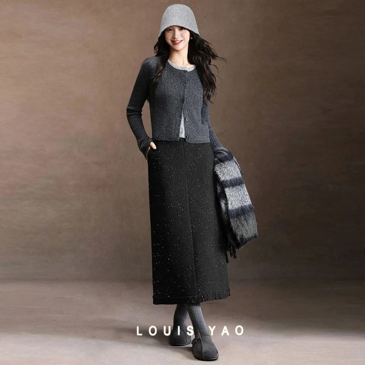 LOUIS YAO New Fashion High-Waisted A-Line Skirt 2025 Winter Sweet Fine Sparkle Long-Length Ruched Versatile Women's Slit Skirt