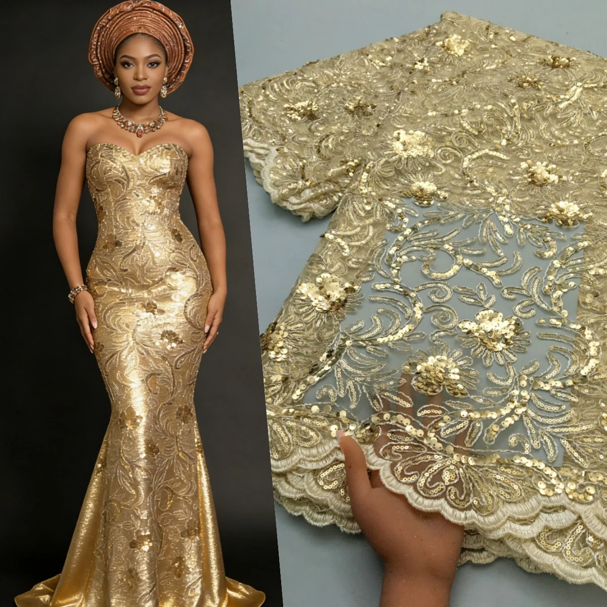 

African Sequins Beaded Lace Fabrics 5 yards High Quality Sequence Embroidery French Nigerian Lace Fabric For Wedding Sewing 4683