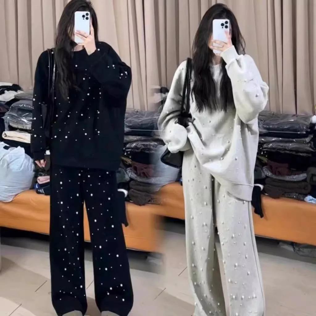 Chic Diamonds Beaded Long Sleeved Sweatshirts Oversized Pullovers Tops + Elastic High Waisted Straight Wide Legs Pants 2Pcs Set