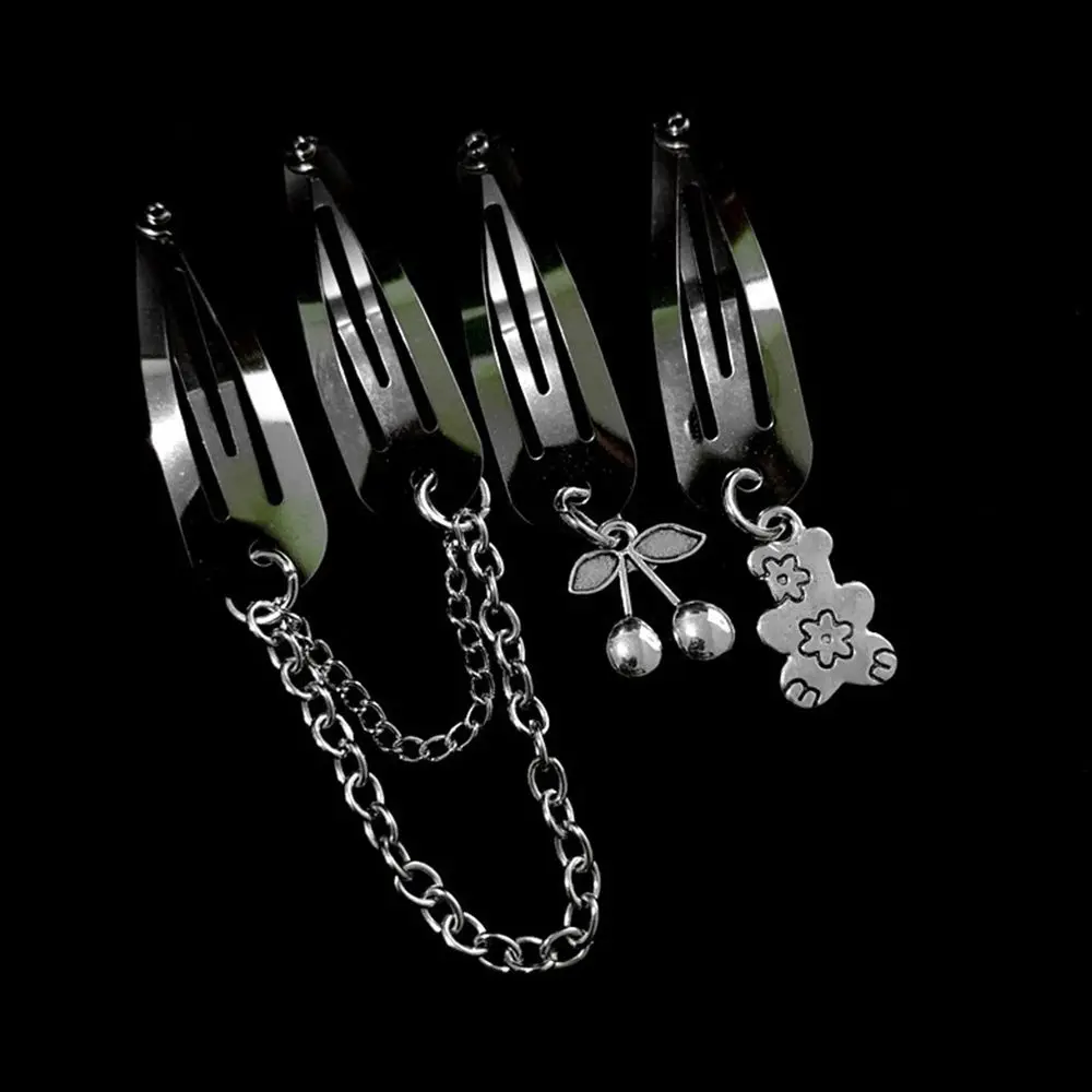 Hip Hop 2pcs/set Chain Bear Cherry  BB Clip Women Hair Accessories Cool Cross Barrette Punk Hair Clip Korean Style Hairpin