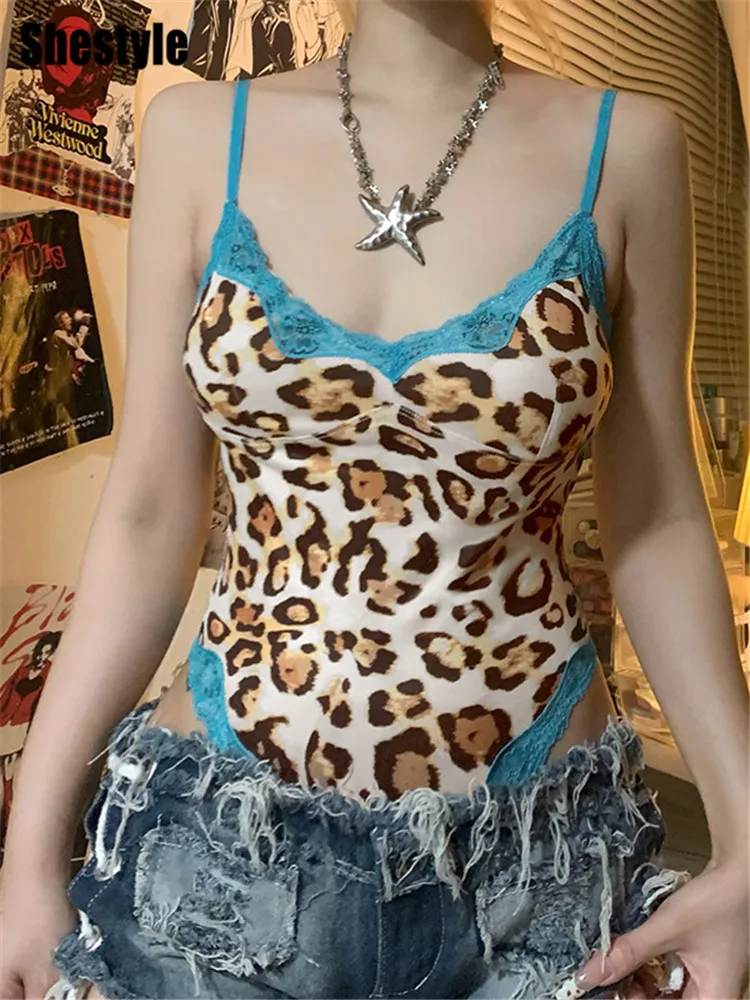 

Shestyle Leopard V Neck Spaghetti Strap Bodysuits Women Blue Lace Button Sleeveless Basic Under Body Camis Sexy Animal Printed