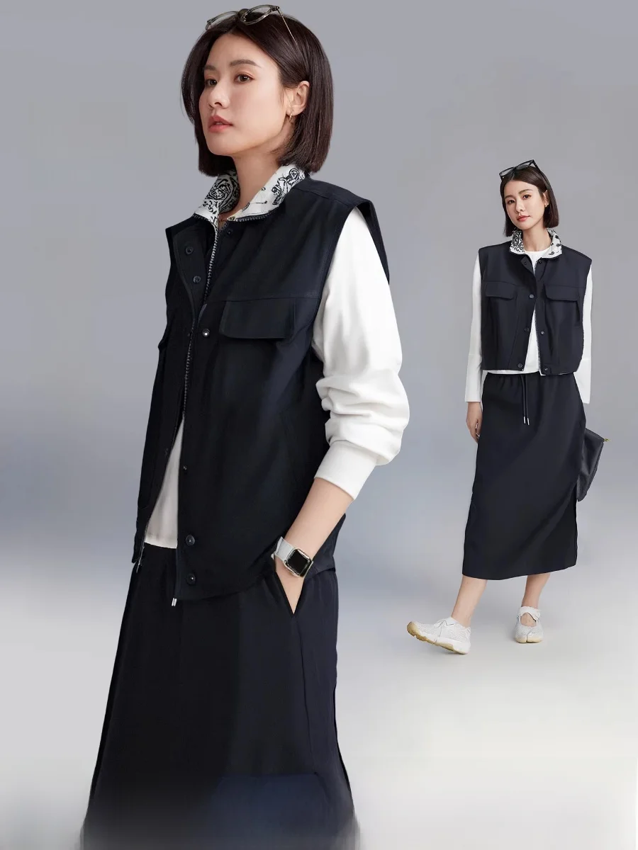 

Cloud Life Autumn Intention Print Svel Stand Collar Vest Women's Set Slimming Top f Skirt Commute Sle Polyester