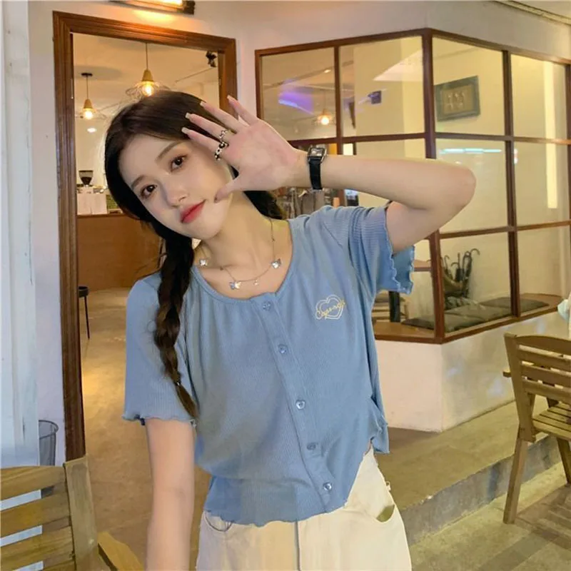 Women Clothing Fashion Love Embroidery Short Sleeve Tshirt Summer Chic Stringy Selvedge Knit Short Cardigan Casual Versatile Top