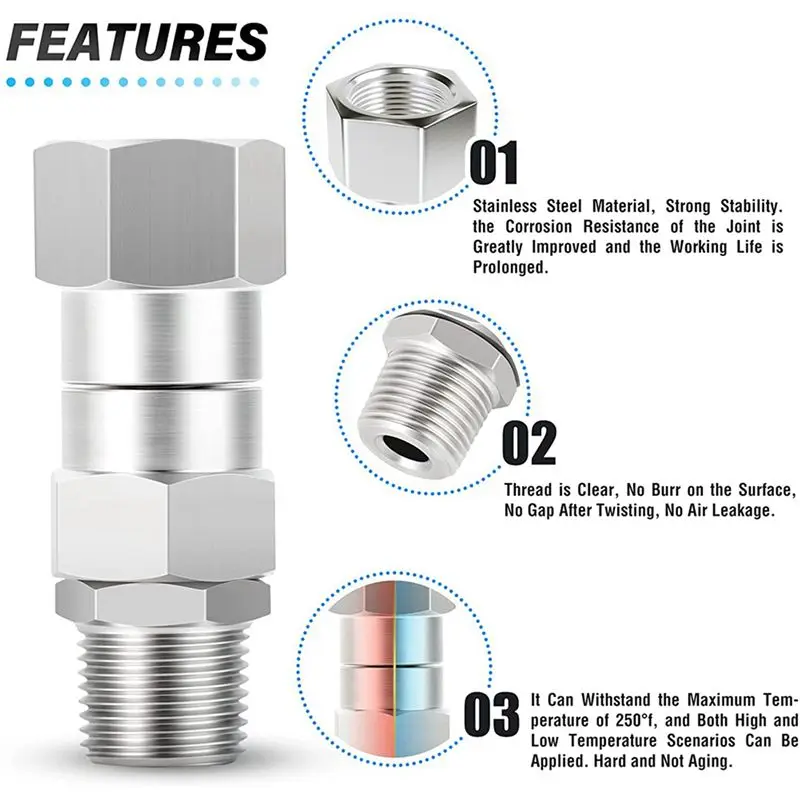 THIVN-6Pcs Pressure Washer Swivel, 3/8 Inch NPT Male Thread Fitting, Stainless Steel, Kink Free To Hose Fitting