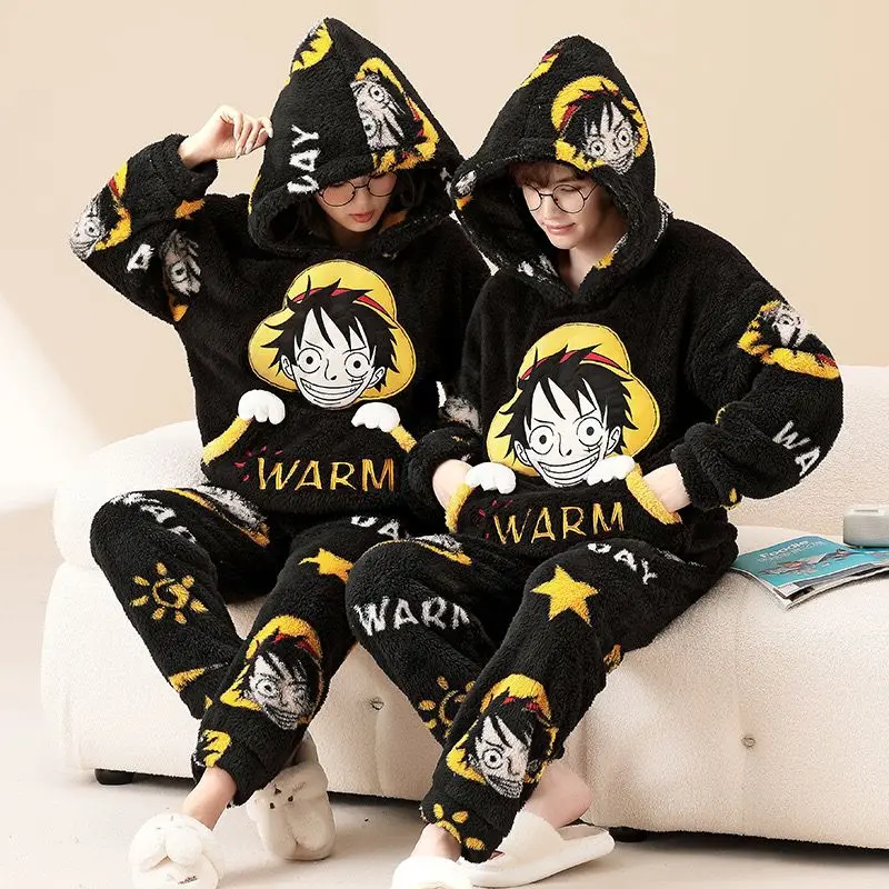 One Piece Anime Autumn And Winter Plush Pajamas Luffy Suit Men Thickened Coral Velvet Warm Home Clothes Cartoon Gift Wholesale