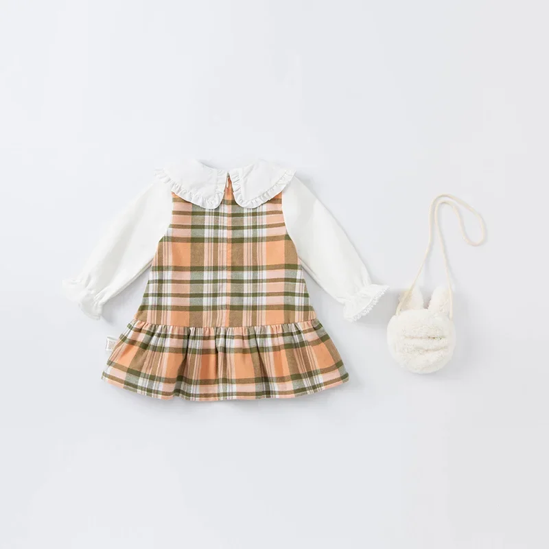 

DBZ18513 dave bella autumn baby girl's fashion plaid draped dress with a small bag party dress kids infant lolita 2pcs clothes