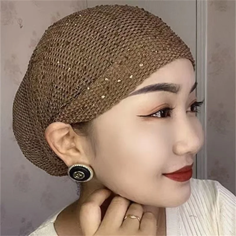 2023 New Breathable Mesh Summer Turban Hat Elastic Women Diamonds Muslim Headscarf Bonnet Lady Hair Loss Head Cover Beanie