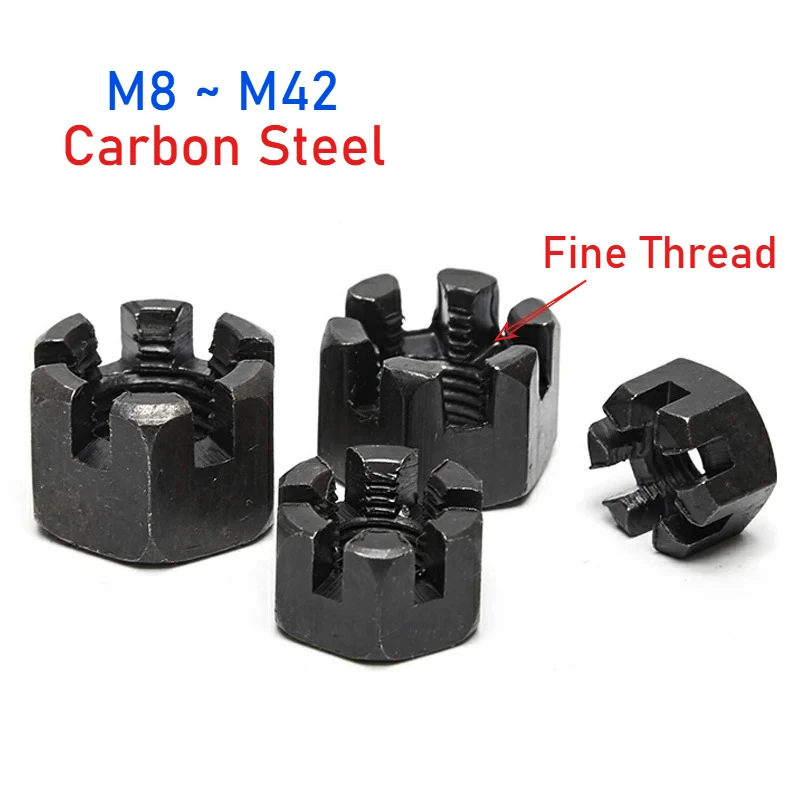 M8~M42 GB58 Fine Thread Black Carbon Steel Slotted Round Lock Hexagon Head Hex Slotted Castle Crown Nut Hexagon Slotted Nuts