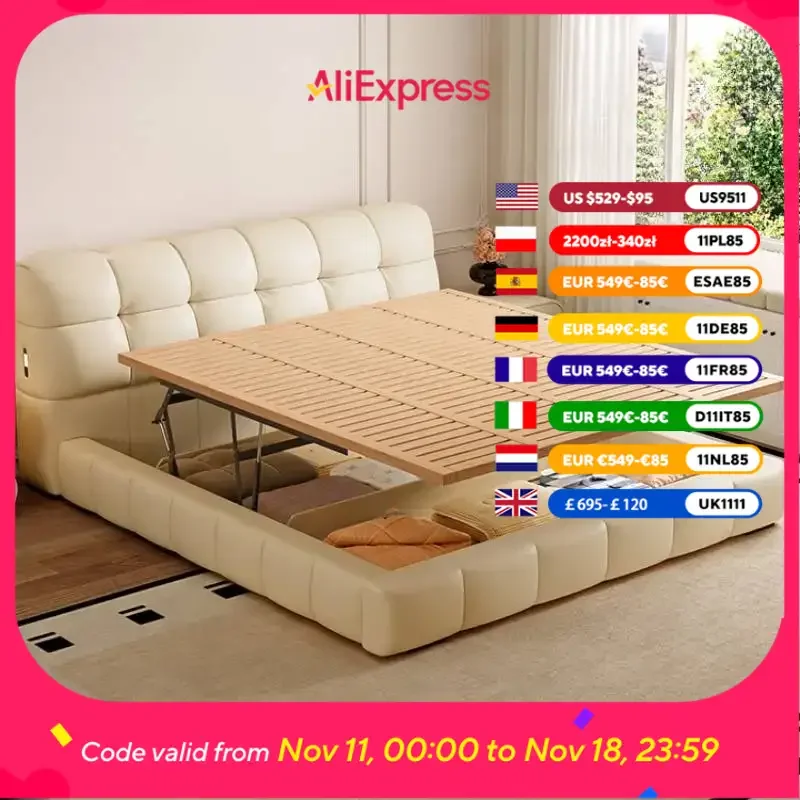 

Скандинавская современная двуспальная кровать для хранения вещей, элегантная светлая роскошная кожаная кровать принцессы, лофт-вилла, Cama, супружеская мебель для дома