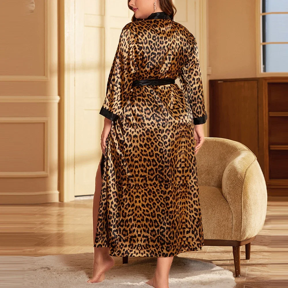 Sexy Leopard Kimono Lounge Wear Sleepwear Bathrobe Nightgown Women Long Robe Homewear Loose Satin Leopard Printed Home Dress 5XL