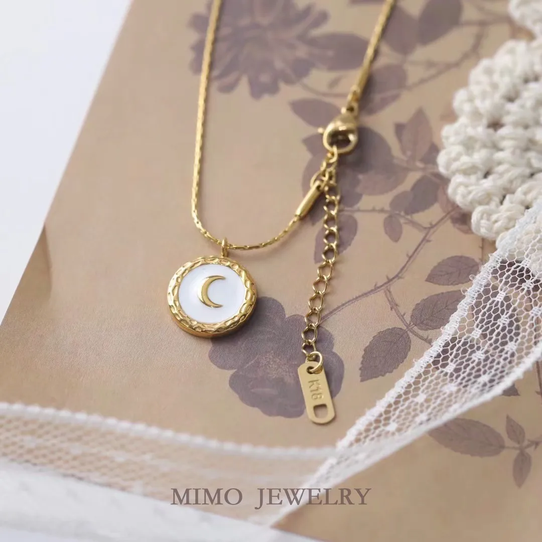 White Oil Droplet Circular Relief Moon Charms Pendant Supplies DIY Hand Stainless Steel Gold Plated Accessories 14mm