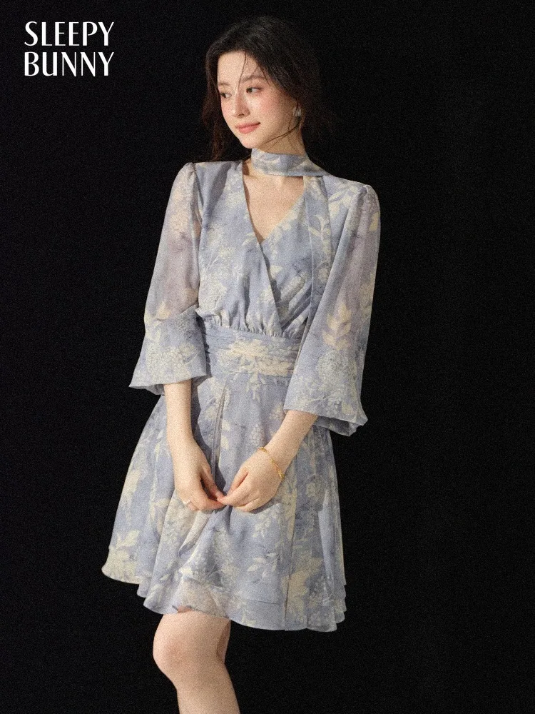 

Women V Neck Floral Print Dress Chiffon Mini A Line Dress Puff Sleeve Tie Waist Elegant Summer Party Outfit Vintage Style Lady