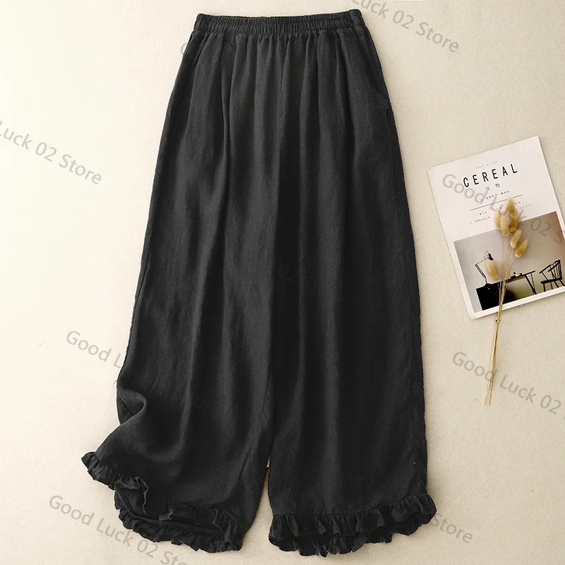 السراويل القطنية والكتان تسع دقائق المرأة الصيف الجديدة الأدبية اليابانية حافة الأذن الخشبية أزياء أنيقة عالية الخصر السراويل واسعة الساق