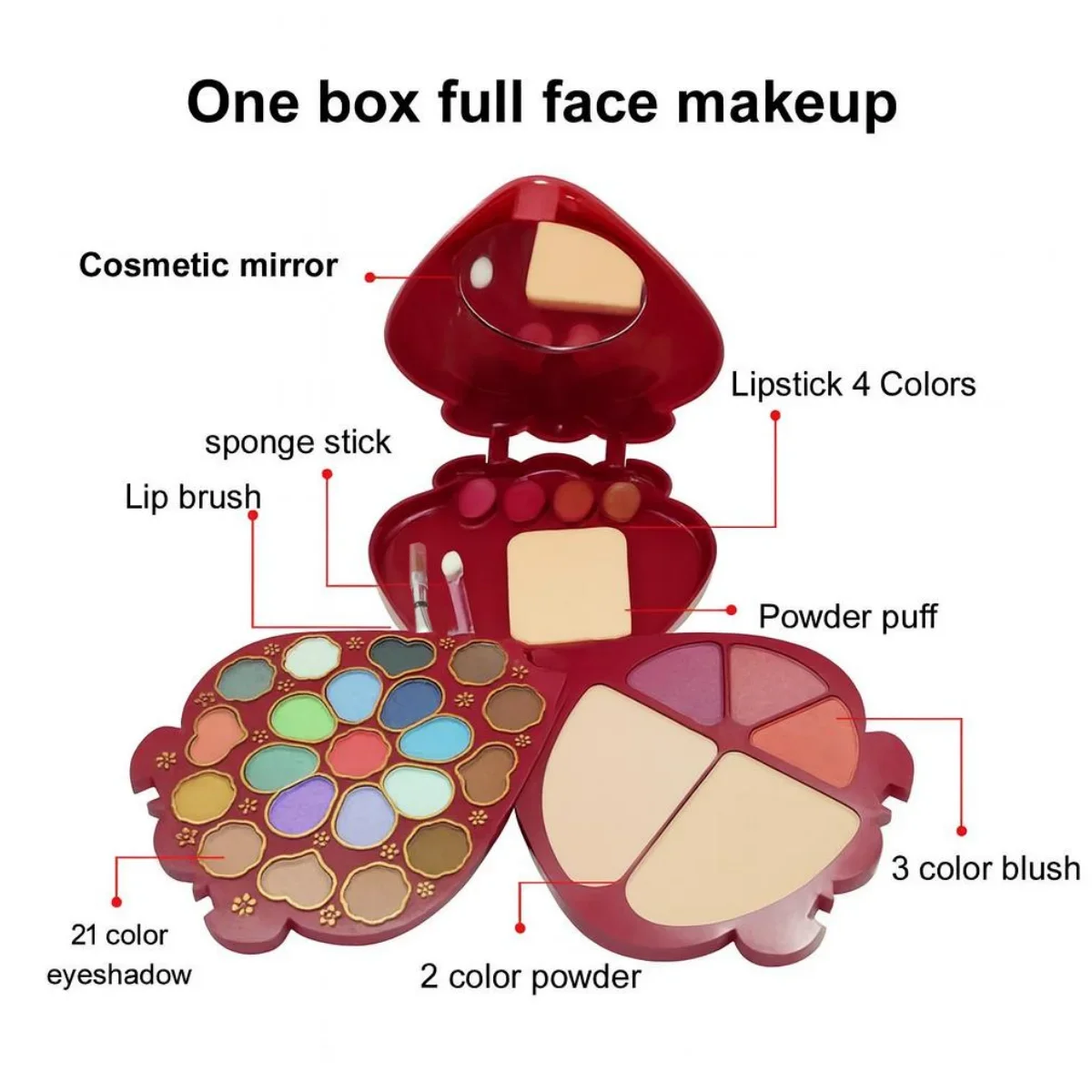 30-Color Strawberry Makeup Palette Set, 21 Eyeshadows + 4 Lip Glosses + 3 Blushes + 2 Powder Compacts (Including Brushes + Sponges), Easy to Apply and Not Easy to Smudge, All in One Palette